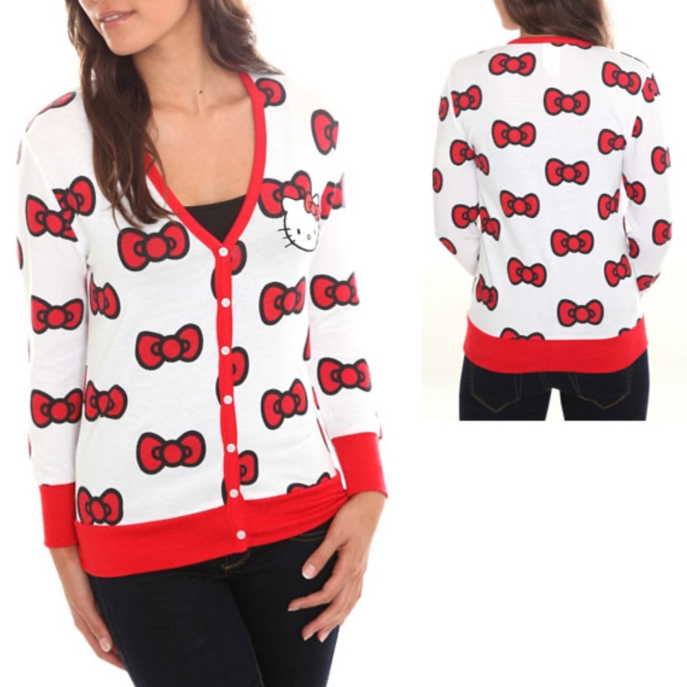 Hot Topic Sanrio Hello Kitty Bow Tight Fit Cardigan Small Button Up Sweater